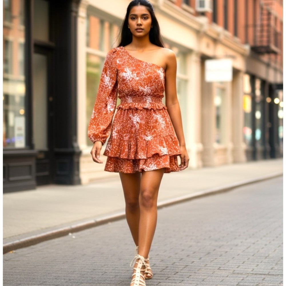 Rust Floral One Shoulder Ruffle Mini Dress Sz S Boho Romantic Cottagecore - Picture 2 of 13
